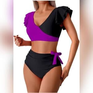 NWT Vaunega Two Piece High Waisted Ruffle Sleeve V Neck Swimsuit, Small